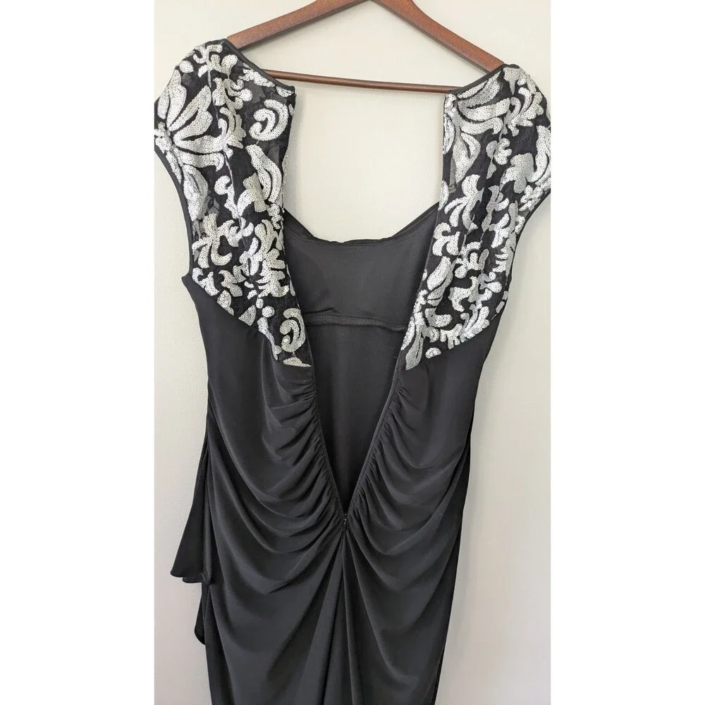 Vtg 90s Y2K Xscape Black Cocktail Dress 12 Hoco Babydoll Stretch Silver Sequin